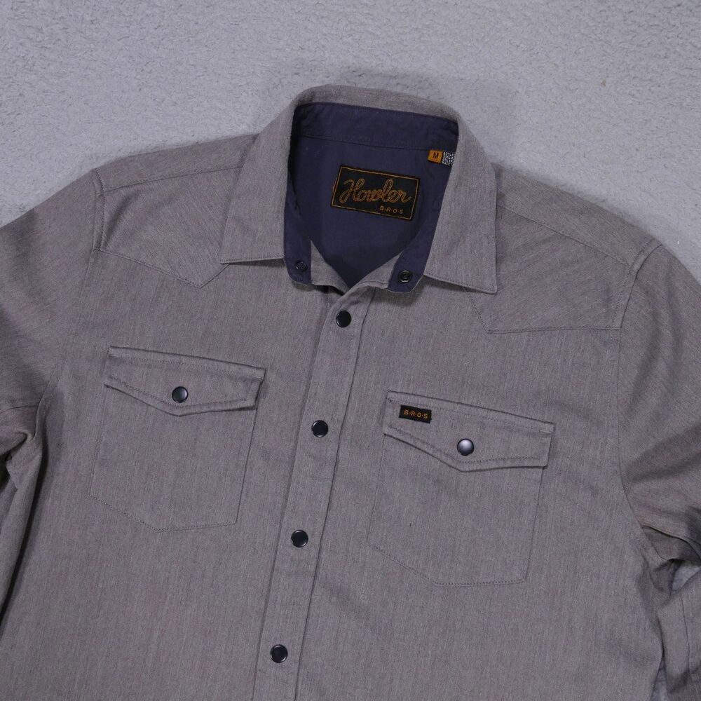 Howler Bros Shirt Mens Medium Gray Twill Long Sleeve Snap Front Pockets Western
